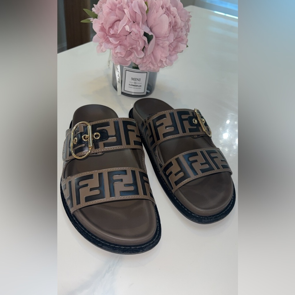 Fendi Black and Brown Logo Slide Sandals